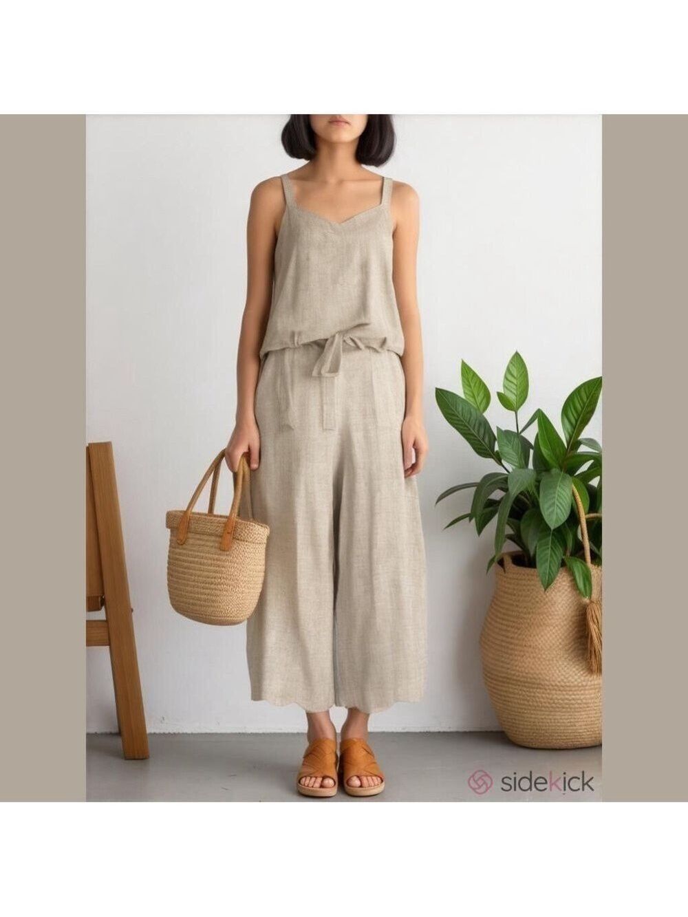 Monteau size L linen blend oatmeal color jumpsuit cropped summer wide leg